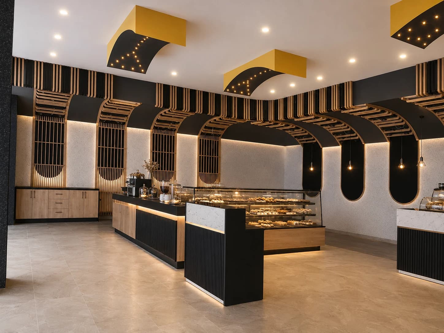 Siyah ve ahşap kafe pastane projesi genel görünüm
